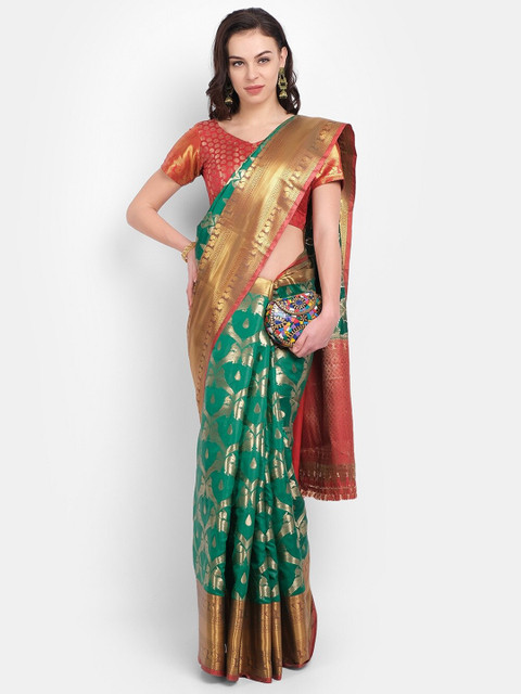 

PERFECTBLUE Green & Gold-Toned Woven Design Zari Silk Blend Saree