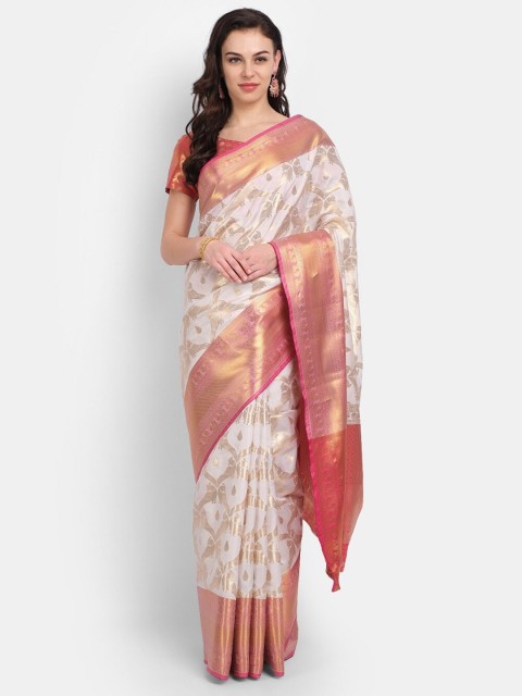 

PERFECTBLUE Beige & Gold-Toned Ethnic Motifs Silk Blend Kanjeevaram Saree