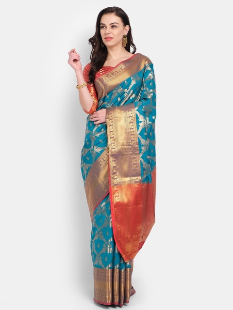 

PERFECTBLUE Teal & Red Ethnic Motifs Zari Silk Blend Kanjeevaram Saree