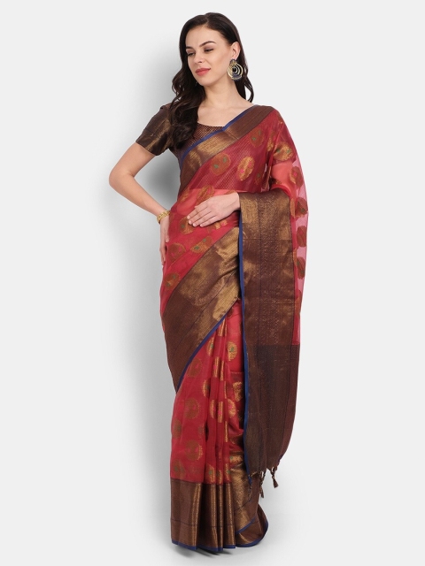 

PERFECTBLUE Red & Gold-Coloured Ethnic Motifs Zari Silk Blend Kanjeevaram Saree