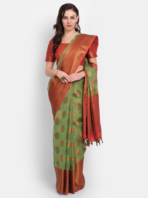 

PERFECTBLUE Olive Green & Red Ethnic Motifs Zari Silk Blend Saree