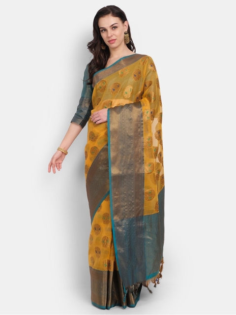 

PERFECTBLUE Yellow & Gold-Coloured Ethnic Motifs Zari Silk Blend Kanjeevaram Saree
