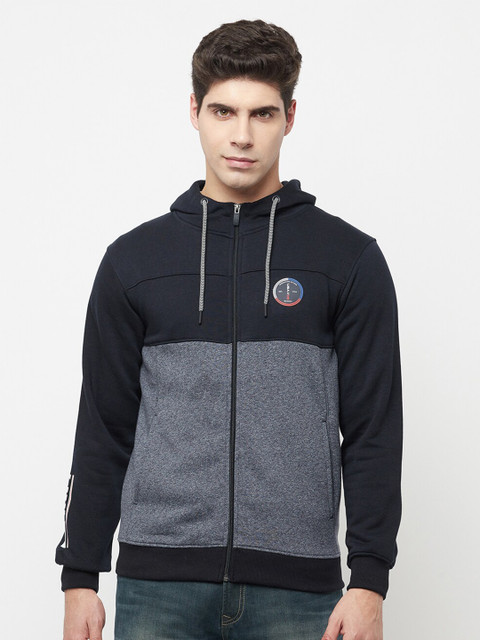 

Octave Men Navy Blue Colourblocked Hooded Cotton Fleece Sweatshirt