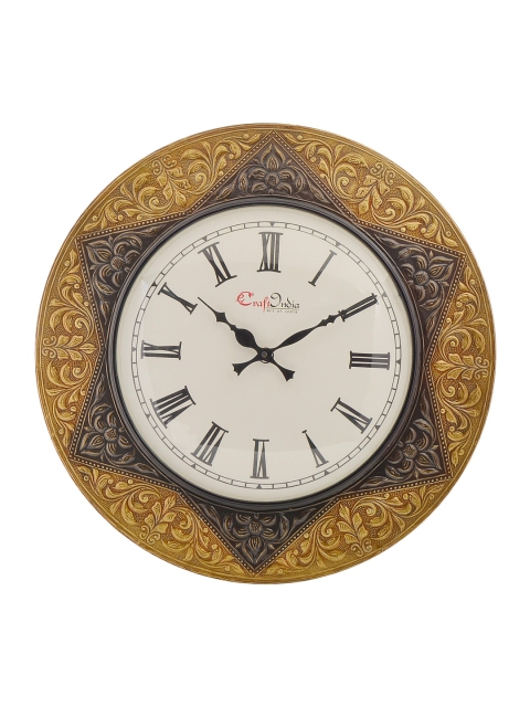 

eCraftIndia Gold-toned & White Wooden Ethnic Handcrafted 45 cm Analogue Wall Clock