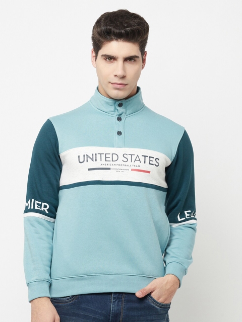 

Octave Men Turquoise Blue Printed Cotton Fleece Sweatshirt
