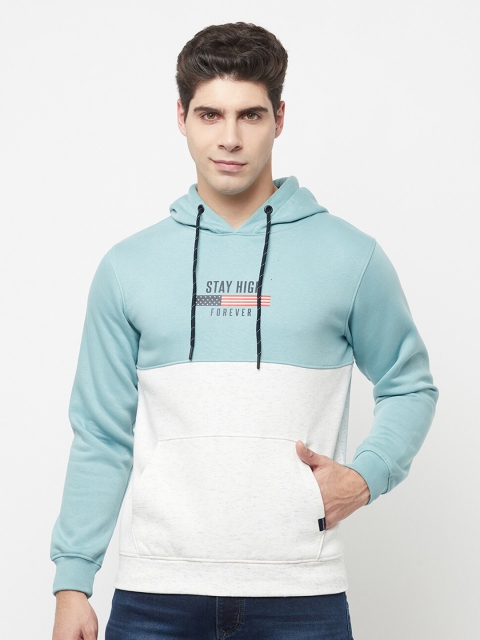 

Octave Men Teal Blue & White Colourblocked Hooded Sweatshirt