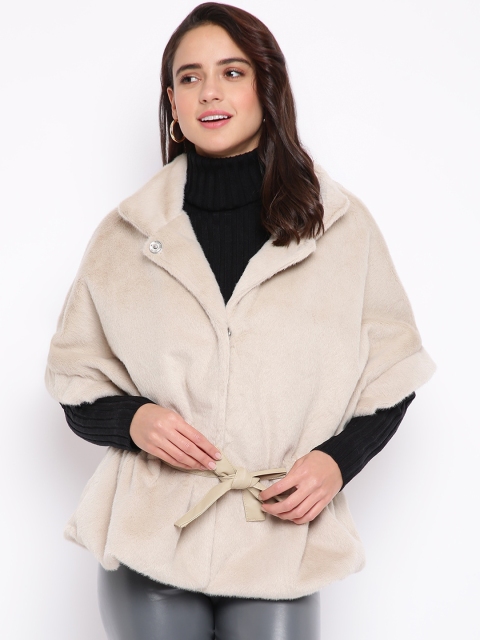 

iki chic Women Cream-Coloured Faux Fur Cape Coat