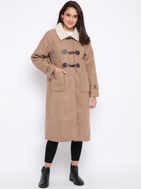 

iki chic Women Brown Solid Shearling Collar Longline Overcoat