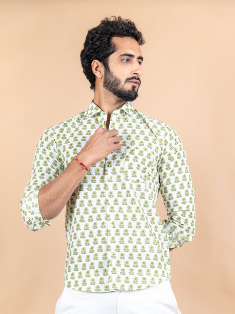 

Tistabene Men White Jaipuri Floral Printed Cotton Shirt