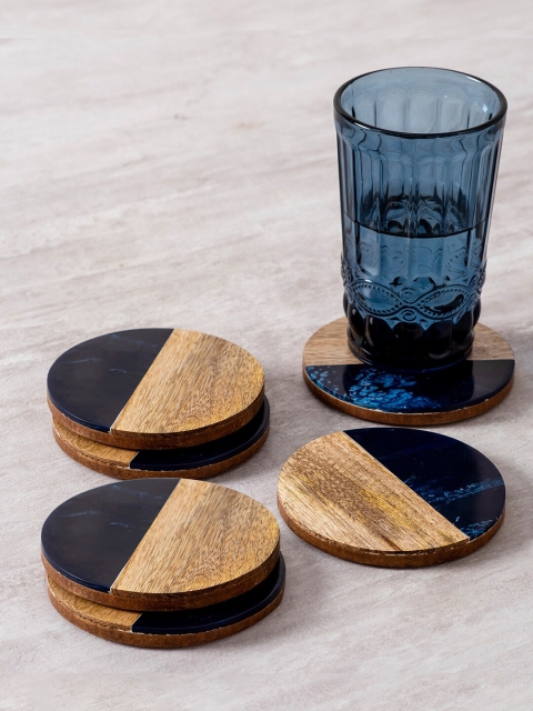 

nestroots Set Of 6 Navy Blue & Beige Colourblocked Wooden Coasters