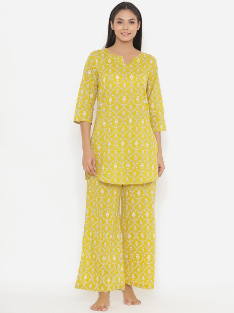 

JISORA Women Yellow & White Printed Night suit