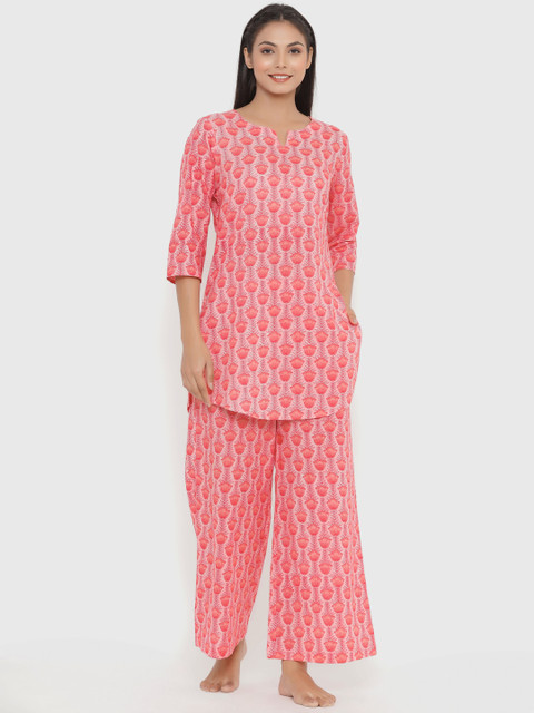 

JISORA Women Pink & White Printed Pure Cotton Night suit