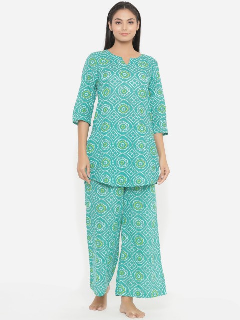 

JISORA Women Green & White Printed Night suit