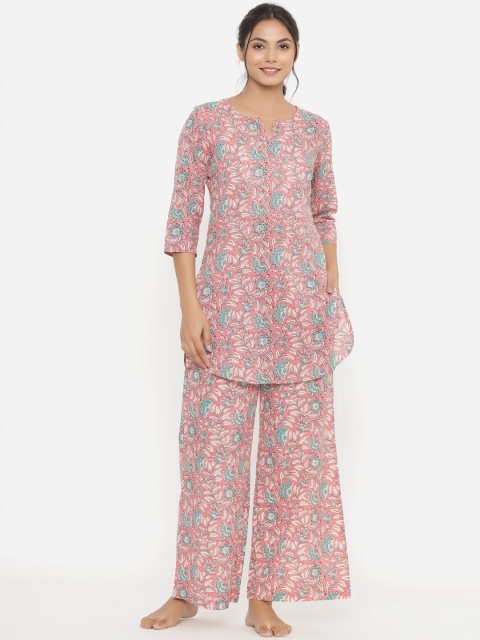 

JISORA Women Pink & Blue Printed Pure Cotton Night suit