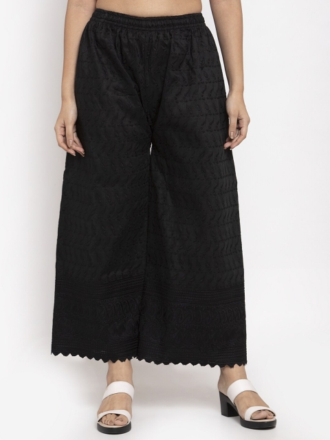 

Jompers Women Black Floral Embroidered Wide Leg Palazzos