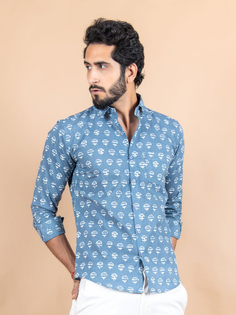 

Tistabene Men Grey Jaipuri Printed Cotton Casual Shirt