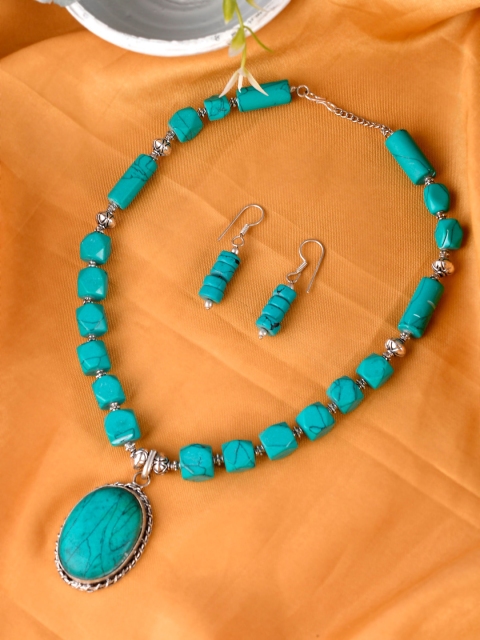 

Silvermerc Designs Turquoise Blue & Silver Beads Long Pendant Necklace Set