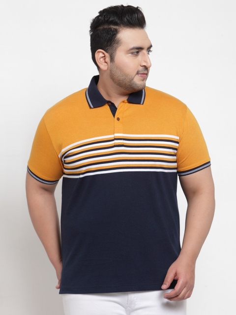 

plusS Men Mustard Yellow & Navy Blue Colourblocked Pure Cotton T-shirt