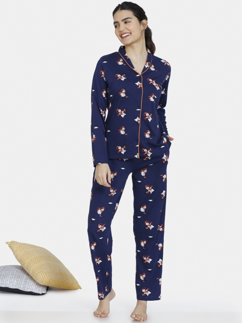 

Zivame Women Blue & Red Printed Pure Cotton Night suit