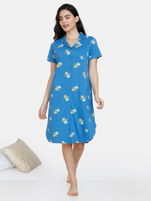 

Zivame Blue & White Printed Pure Cotton T-shirt Nightdress