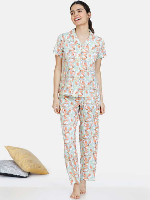 

Zivame Women Turquoise Blue & Coral Printed Night suit