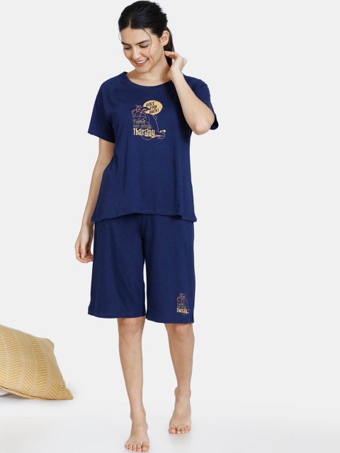 

Zivame Women Navy Blue Pure Cotton Printed Night suit