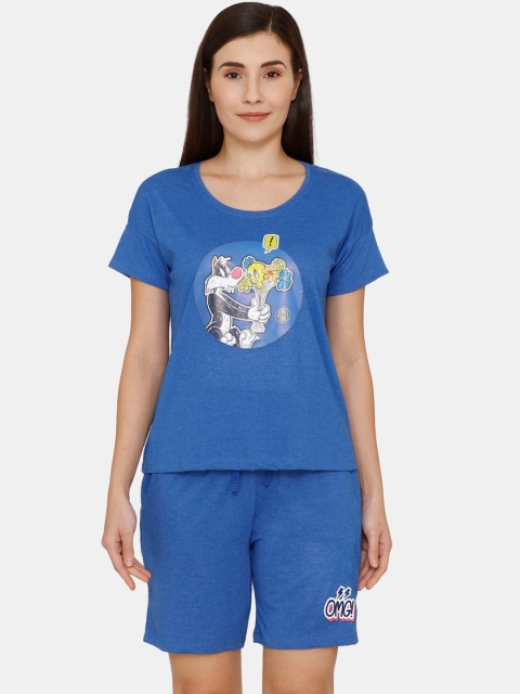

Zivame Women Blue & Yellow Printed Night suit