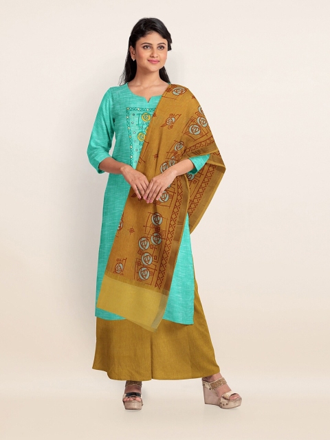 

Pothys Turquoise Blue & Mustard Printed Pure Cotton Unstitched Dress Material