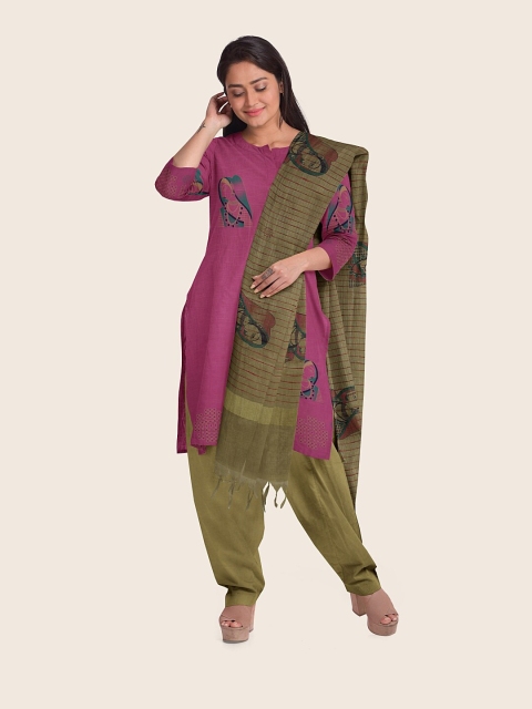 

Pothys Pink & Olive Green Printed Pure Cotton Unstitched Dress Material
