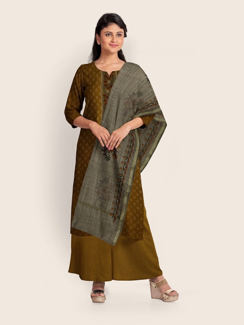 

Pothys Mustard Yellow & Grey Printed Unstitched Dress Material