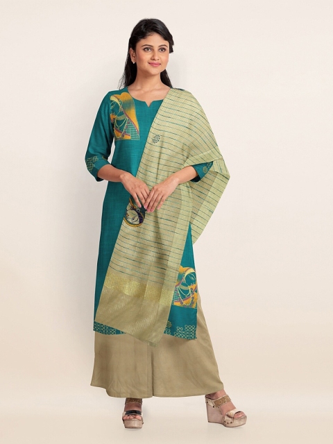 

Pothys Green & Beige Printed Pure Cotton Unstitched Dress Material