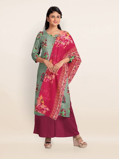 

Pothys Green & Magenta Printed Unstitched Dress Material