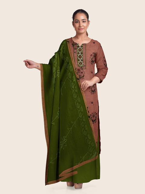 

Pothys Peach-Coloured & Green Printed Unstitched Dress Material