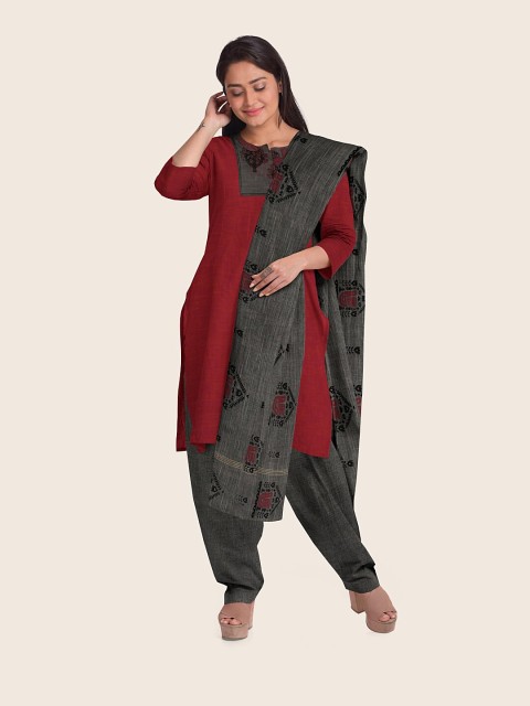 

Pothys Maroon & Grey Pure Cotton Unstitched Dress Material