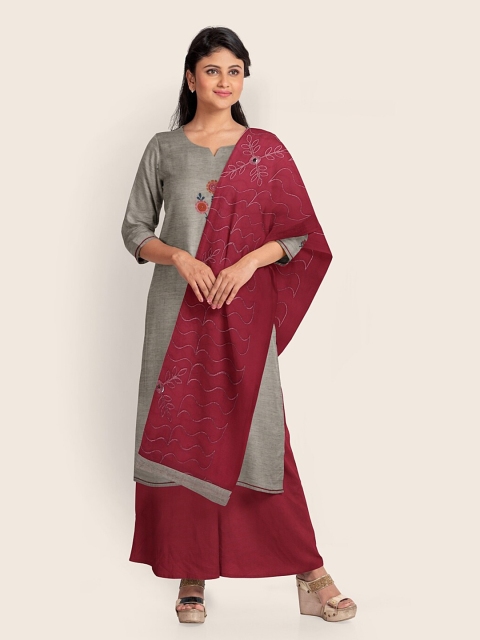 

Pothys Grey & Maroon Embroidered Pure Cotton Unstitched Dress Material