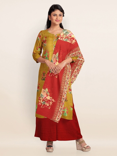 

Pothys Mustard & Maroon Printed Unstitched Dress Material With Dupatta