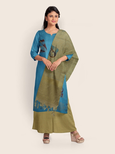 

Pothys Blue & Olive Green Printed Pure Cotton Unstitched Dress Material