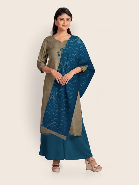 

Pothys Beige & Blue Embroidered Pure Cotton Unstitched Dress Material