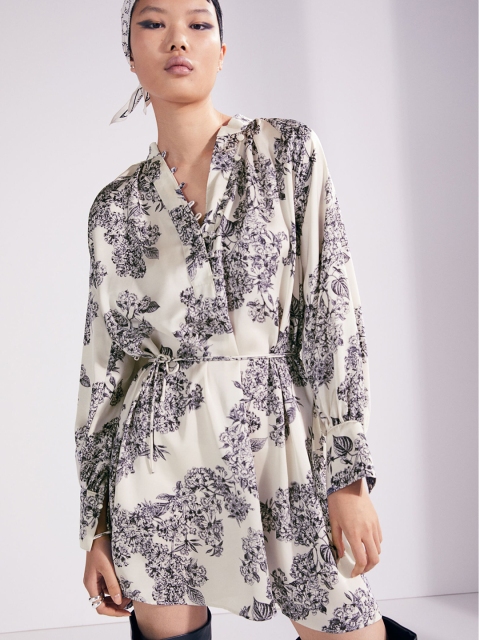 

H&M Women White & Black Floral Tie-Belt Satin Dress