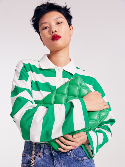 

H&M Women Green & White Striped Long-sleeved Polo Shirt