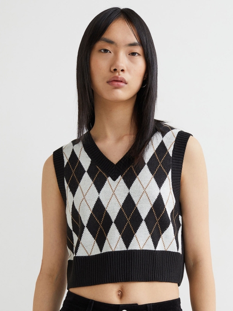 

H&M Women Black Jacquard-Knit Sweater Vest