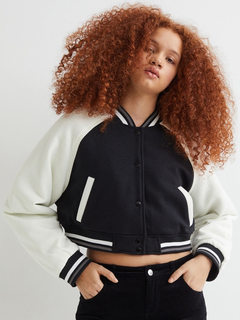 

H&M Women Black Cropped Baseball Jacket