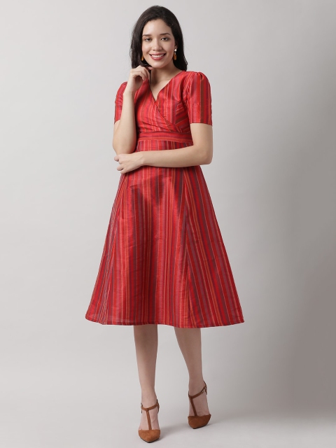 

Saaki Red Striped Midi Flared Dress