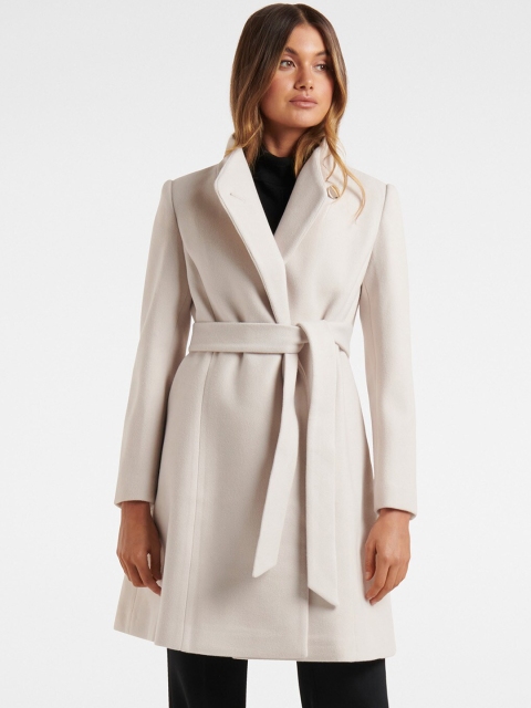 

Forever New Women Cream-Coloured Solid Tailored-Fit Funnel Skirt Coat
