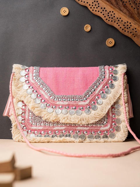 

NR By Nidhi Rathi Peach-Coloured & Cream-Coloured Embroidered Jute Boho Envelope Clutch
