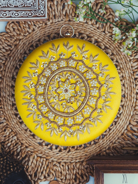 

NR By Nidhi Rathi Yellow & Gold-Toned Embroidered Embellished Box Clutch