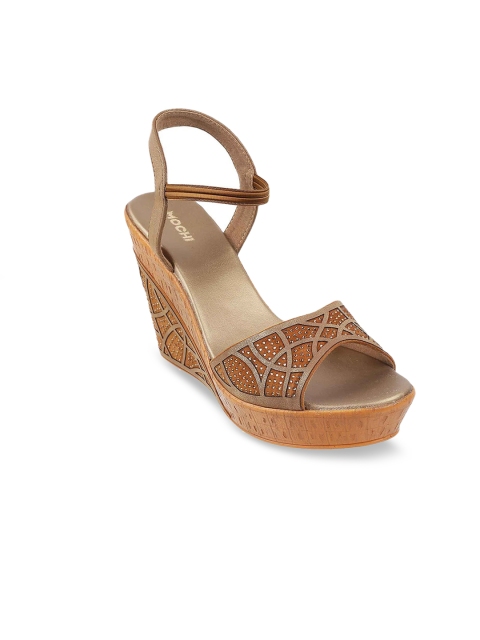 

Mochi Brown & Gold-Toned Embellished Wedge Peep Toes