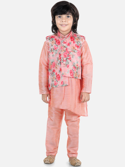 

BownBee Boys Peach-Coloured & Pink Layered Kurta With Pyjamas & Nehru Jacket
