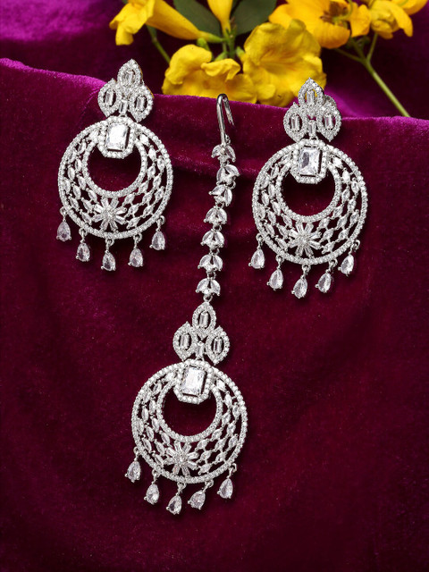

ZENEME White & Silver-Toned & Plated Round AD-Studded Maang Tikka & Earrings Set