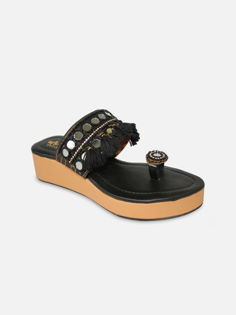 

WALK N STYLE COLLECTION Black Embellished Ethnic Platform Sandals